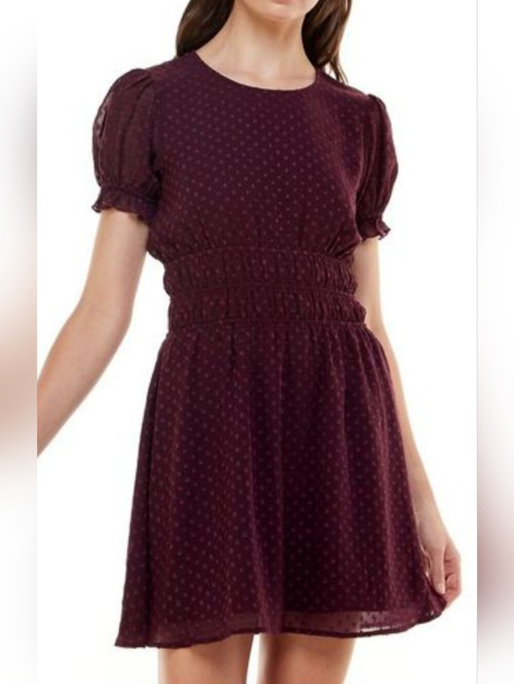 Speechless Burgundy Dot Short Puff Sleeve Mini Dress Size Medium